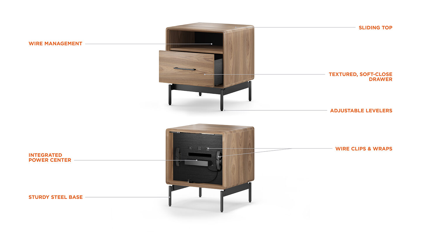 Linq 9181 modern walnut nightstand bdi furniture features call out