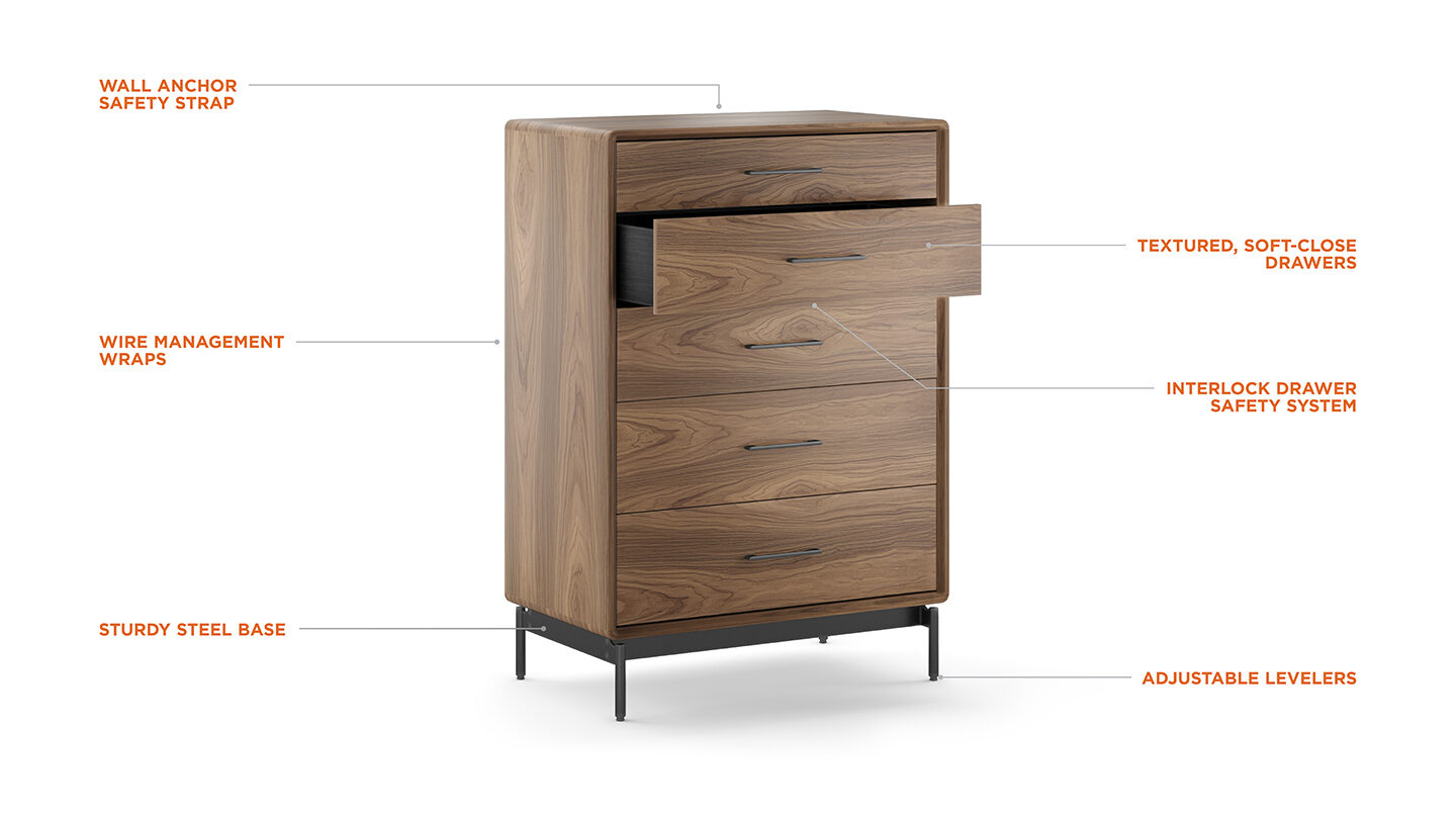 Linq 9185 modern five drawer tall chest bdi furniture features call out