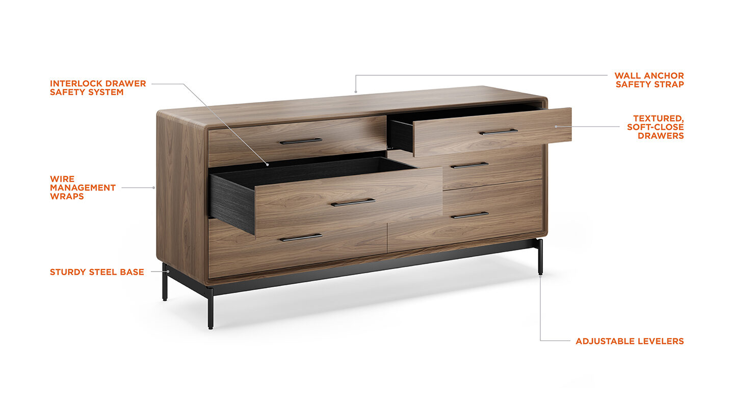 Linq 9186 modern six drawer wide dresser bdi furniture features call out