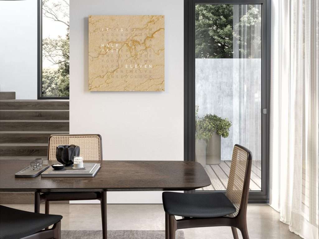 Elegant dining area featuring a wooden table and modern chairs, with a large wall art piece.