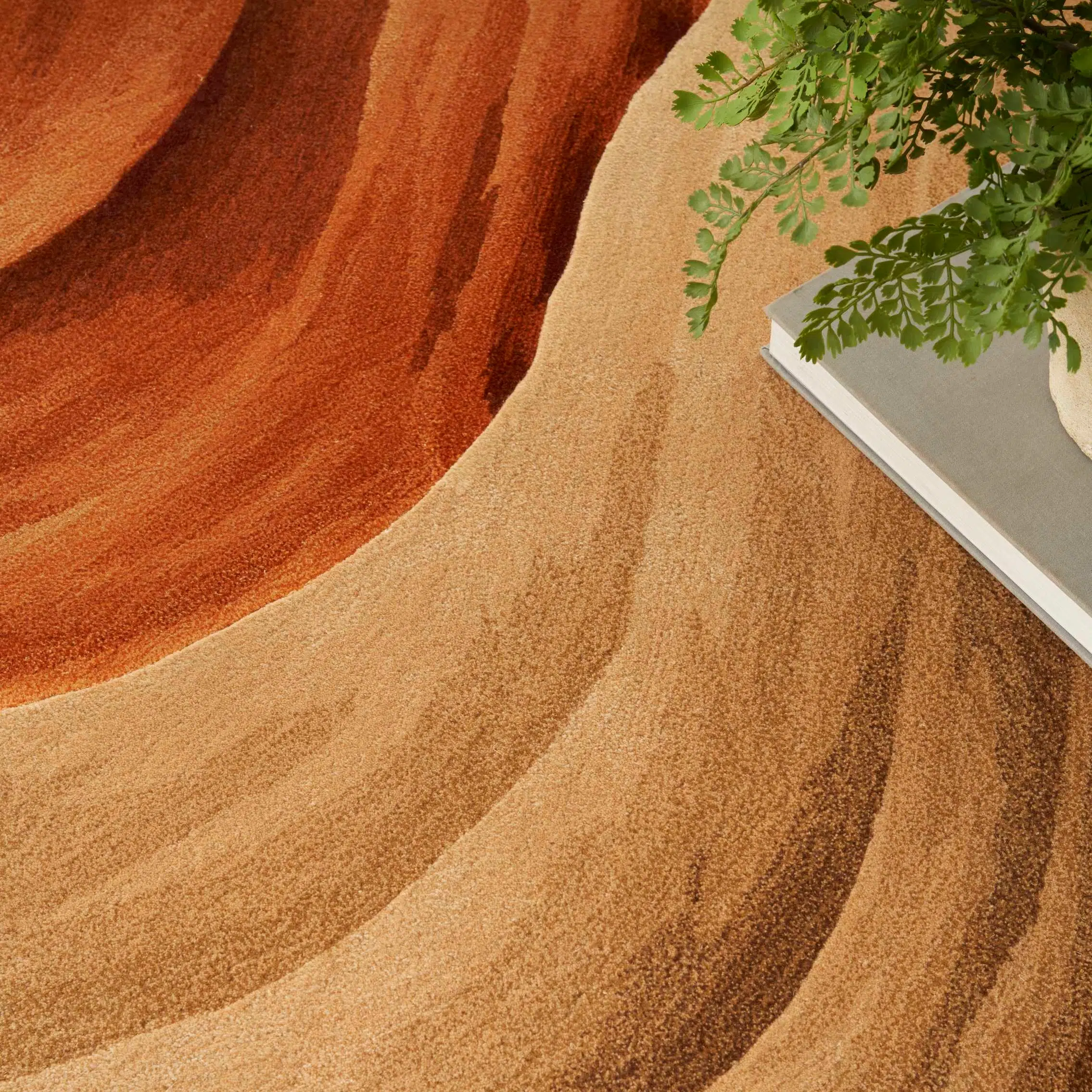 Close-up of a decorative rug with wavy patterns in warm tones and a small potted plant on top of a book.