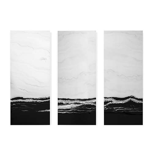 Abstract art panels in black and white with wave-like patterns