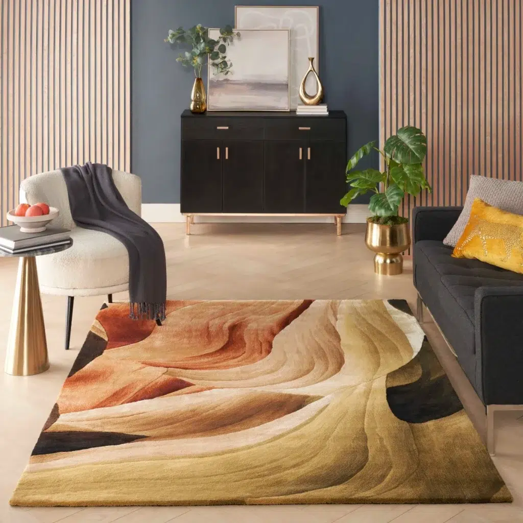 Decorative area rug with abstract design in a living room setting
